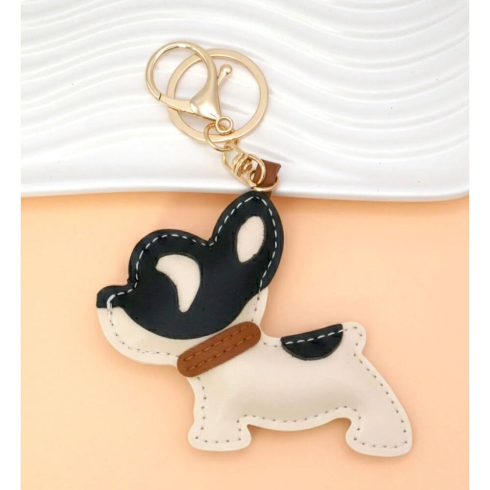 Black White Stitched Faux Leather Dog Keychain Purse or Bag Hang